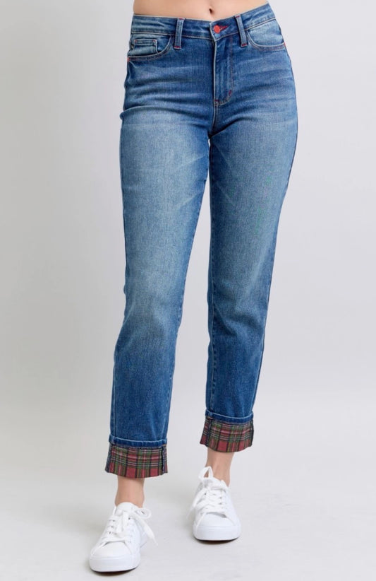 Judy Blue Plaid Print Cuff  Jeans